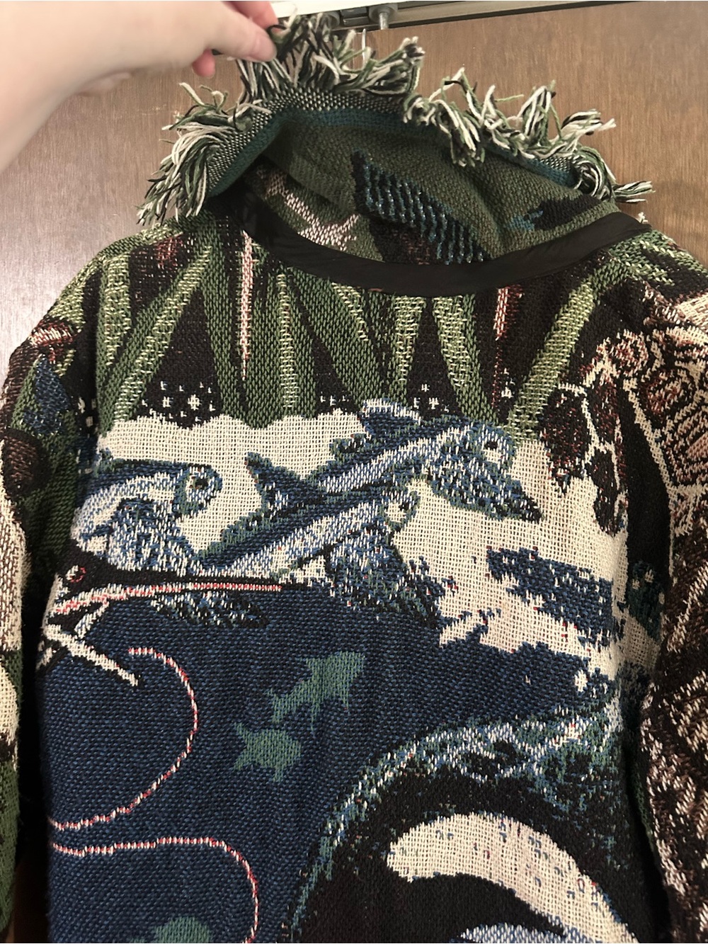 Handmade Fringed Boho Blanket Tapestry Knit Cardigan Blue & Green Animals Sz XL - Picture 13 of 16